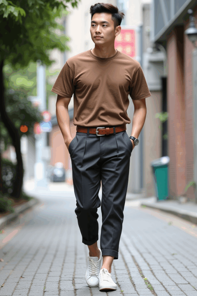 Cropped pleated dark grey trousers, tucked-in mocha tee, low-top sneakers, thin leather belt