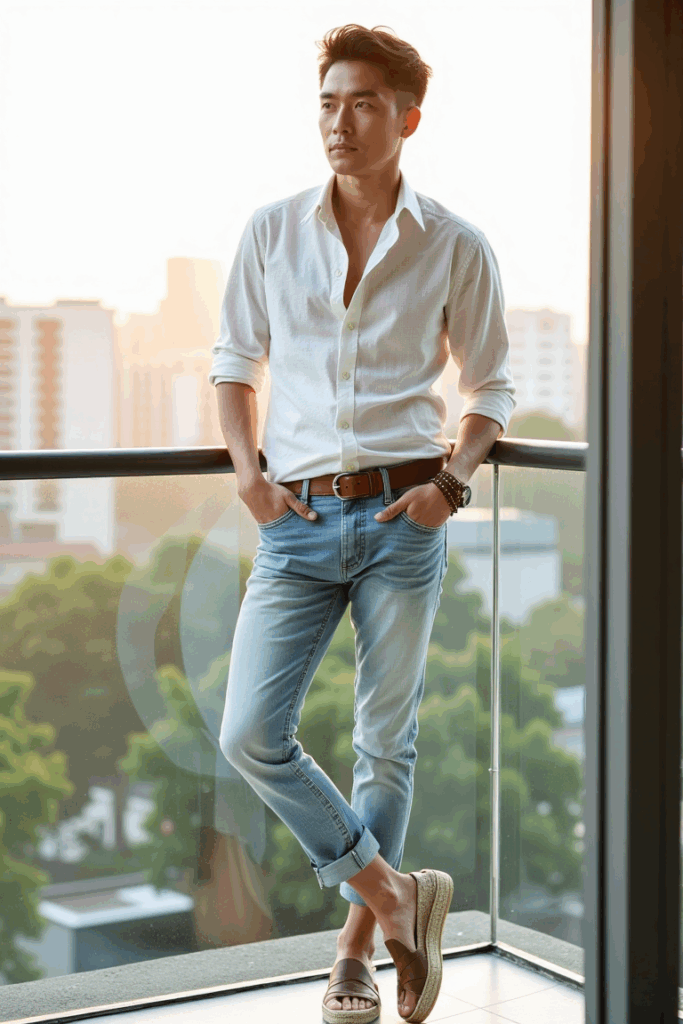 Light-wash cropped denim with rolled cuffs, tucked linen shirt, espadrilles, leather wrist cuff