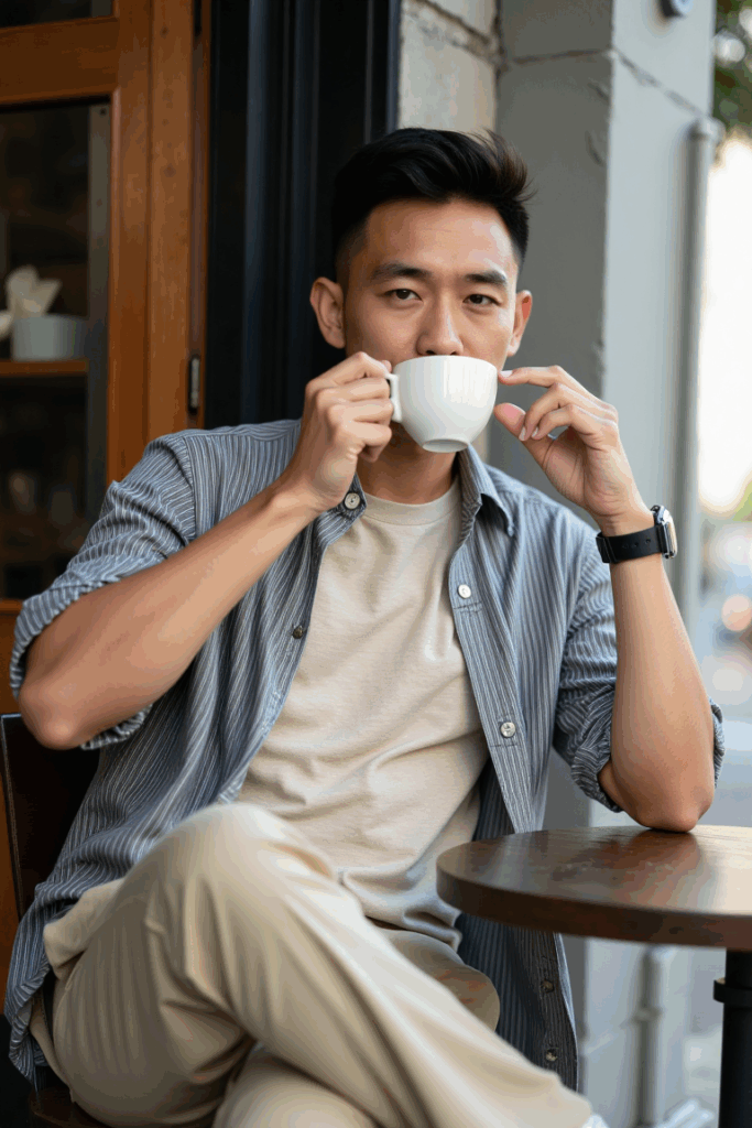 Muted striped short-sleeve shirt open over a beige tee, light khaki pleated trousers
