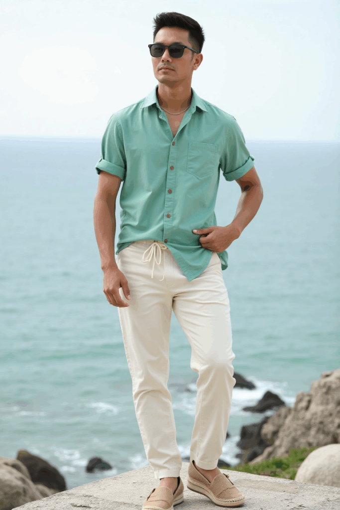 Natural espadrilles, cream drawstring trousers, seafoam green short-sleeve button-up