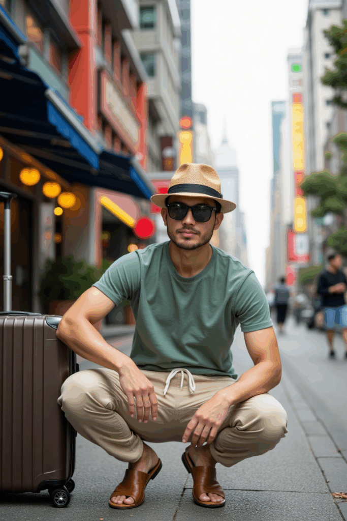 Oat drawstring pants with relaxed fit, loose sage tee, straw fedora, brown sandals
