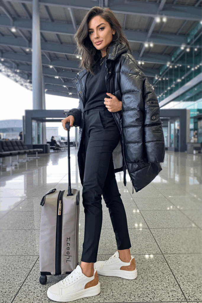 oman walking through the terminal in white leather sneakers with suede accents, combined with tapered black pants and a puffer jacket, carrying a carry-on bag