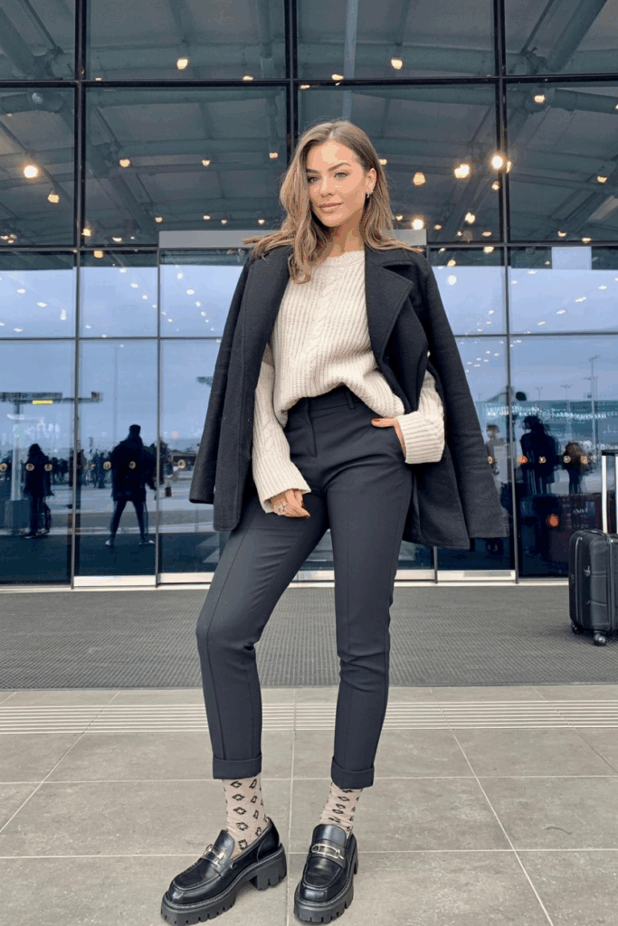 oman wearing chunky black leather loafers with socks paired with slim black trousers and a cozy knit sweater