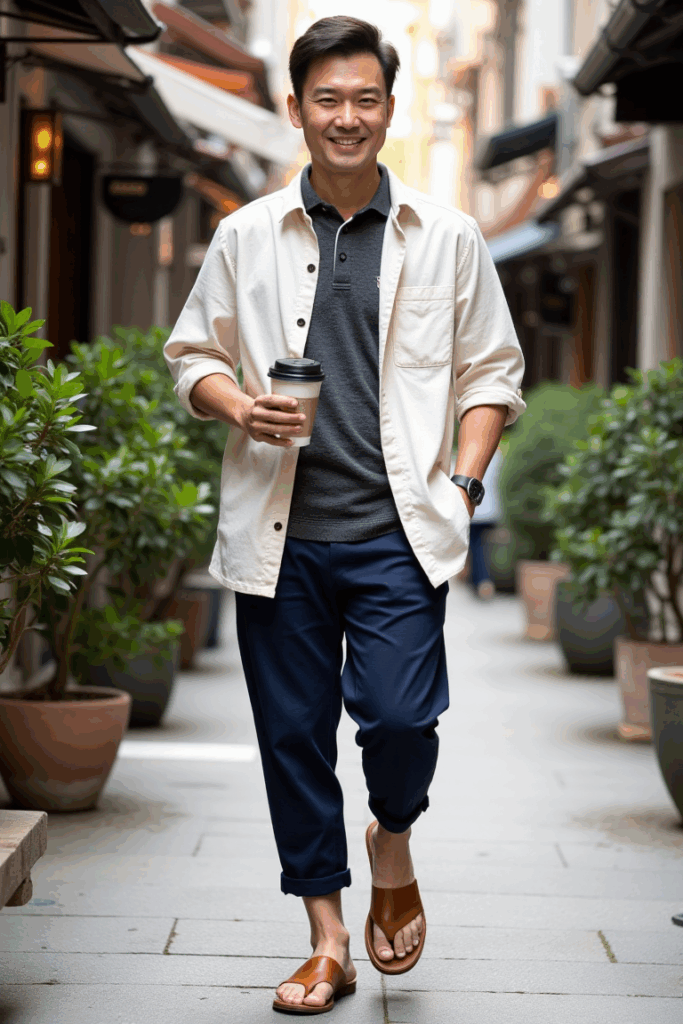 Oversized cream linen overshirt open over a charcoal knit polo, navy ankle-length pants, tan sandal