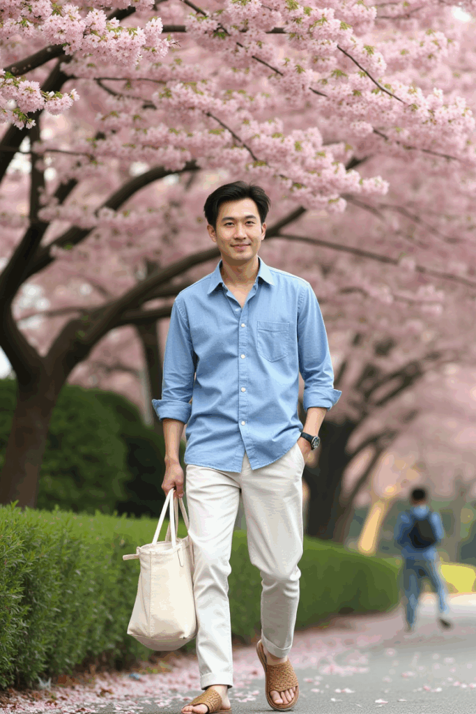 Sky-blue linen button-down, half-tucked into off-white slim chinos, brown woven sandals