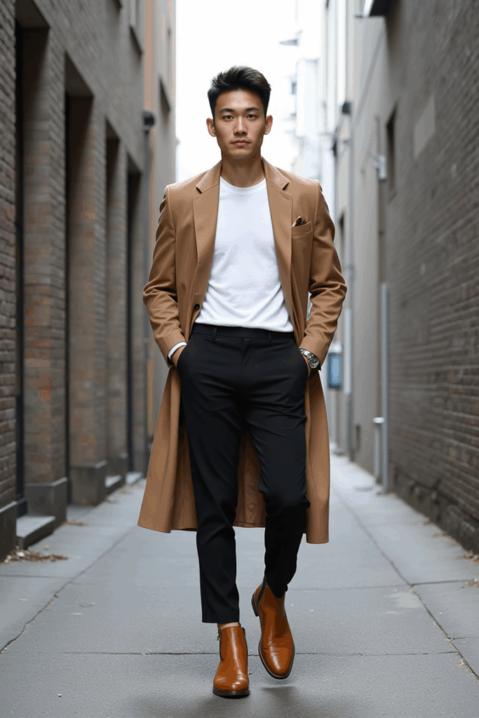 Slim tan Chelsea boots, black tapered pants, crisp white tee, long camel coat.