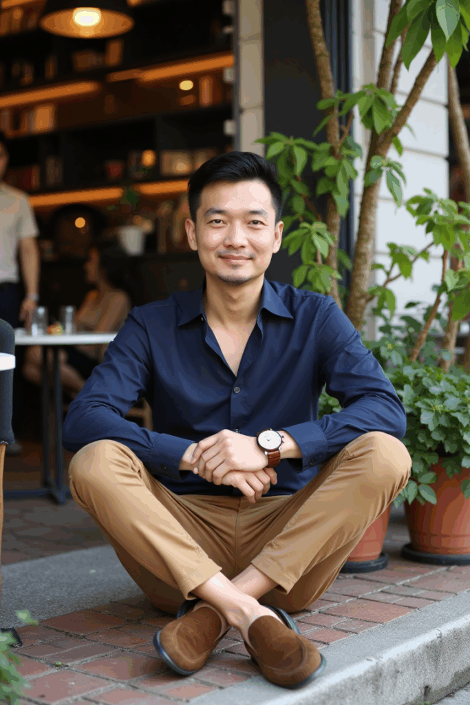 Suede brown loafers with no socks, tan chinos, navy open-collar shirt, vintage leather watch