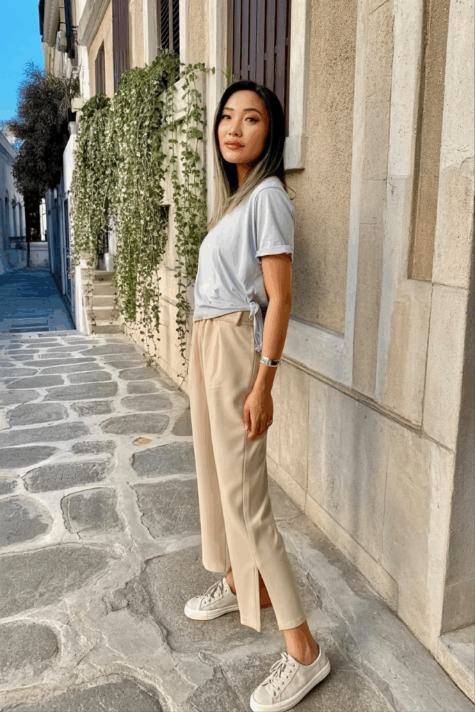 woman wearing a soft beige wide-leg cropped trousers with side slits, paired with a tucked-in minimalist tee and canvas sneakers