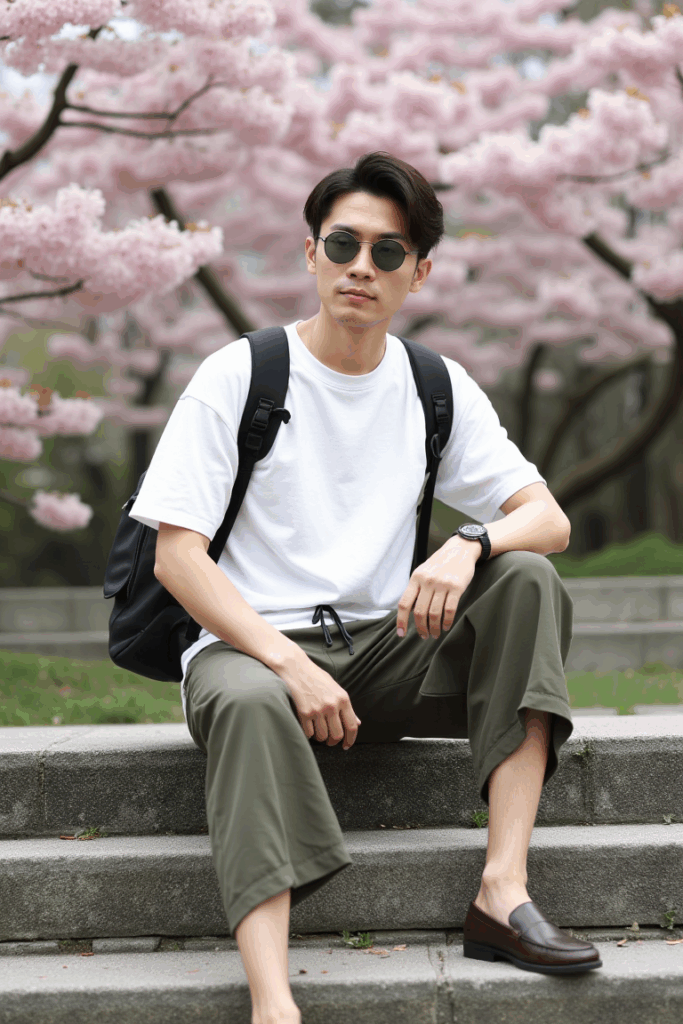 White oversized cotton tee tucked into olive drawstring pants, minimal leather slip-ons, small side backpack