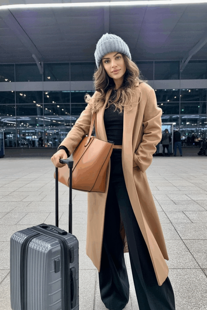 woman adjusting a gray wool beanie over soft waves, wearing a long camel coat and holding a tan leather tote