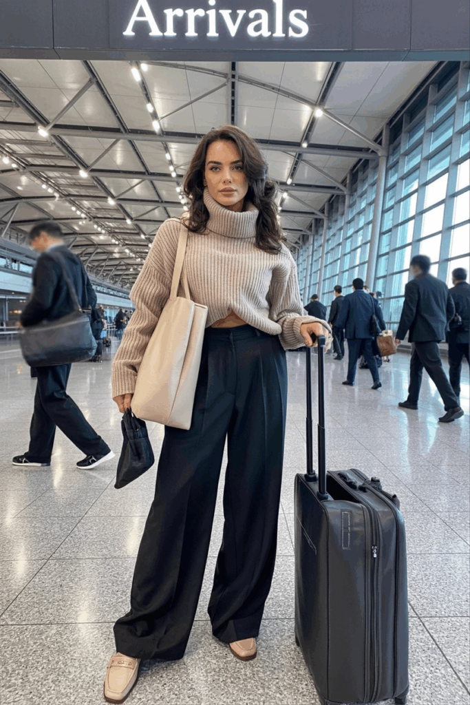 Woman dressed in a beige turtleneck knit sweater tucked into wide-leg bamboo fiber pants, finished with slip-on loafers and a structured tote bag