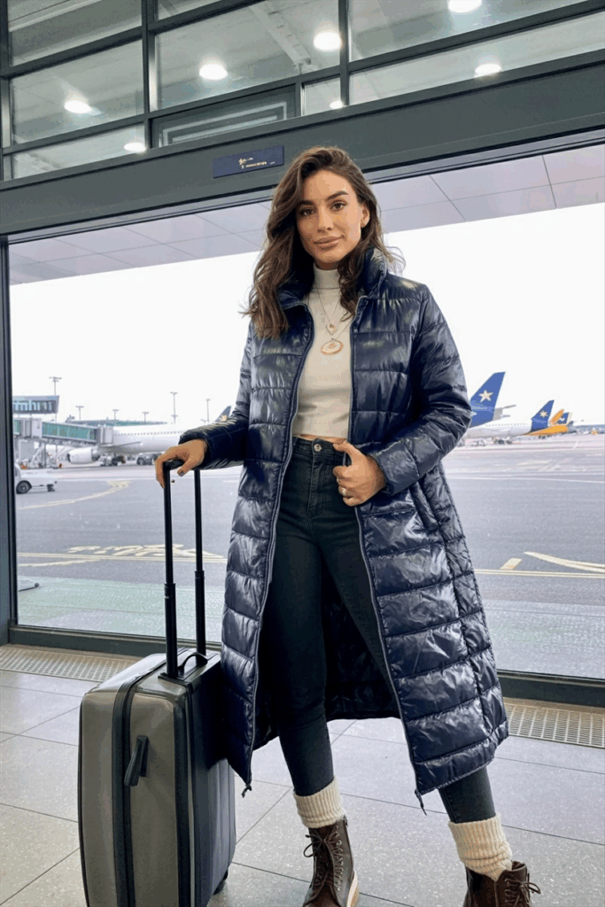 Woman dressed in a navy quilted puffer jacket layered over a cream turtleneck and dark jeans, paired with warm wool socks and leather boots