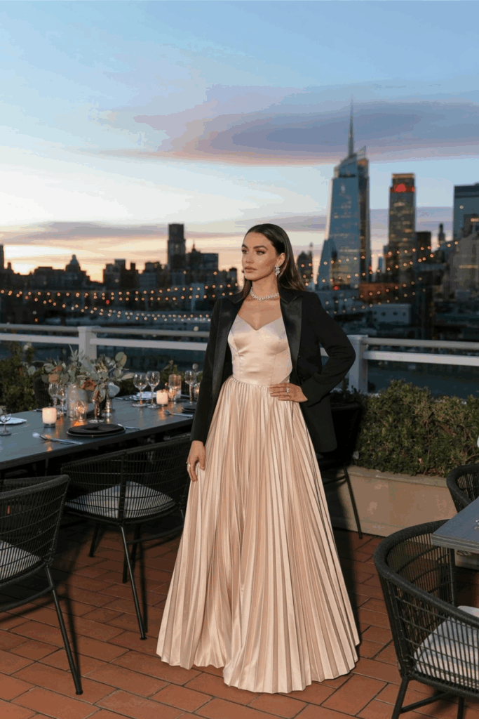 woman in a black tie A-line champagne gown with soft pleats and a black blazer