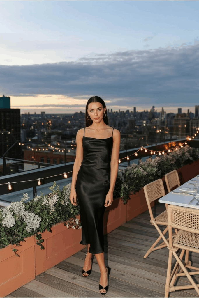 woman in a black tie Chic midi dresses in luxe fabrics clean tailoring with minimal accessories