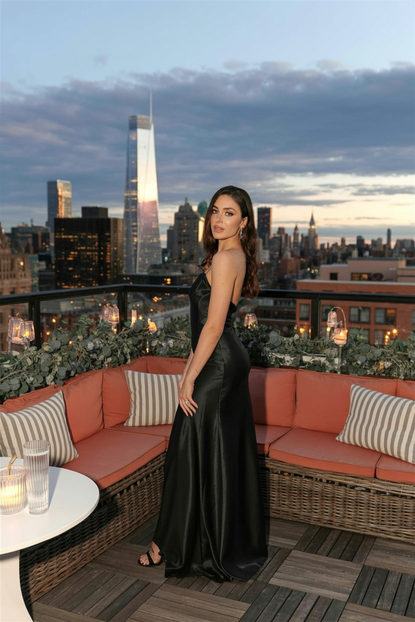 woman in a black tie floor-length gown made of flowing satin. clean tailoring with minimal accessories