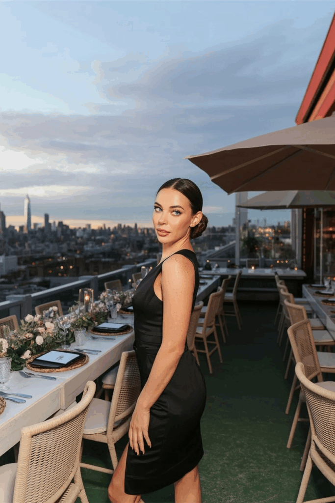 woman in a black tie sheath dress—sleek, minimalist, and perfectly tailored