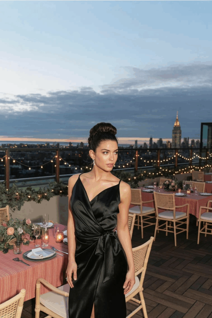 woman in a black tie Wrap-style gowns with soft draping and waist definition