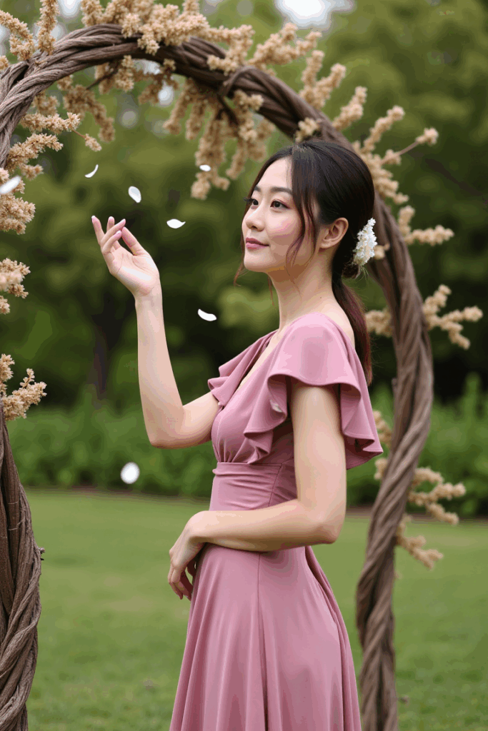 Woman in a dusty rose dress with short flutter sleeves