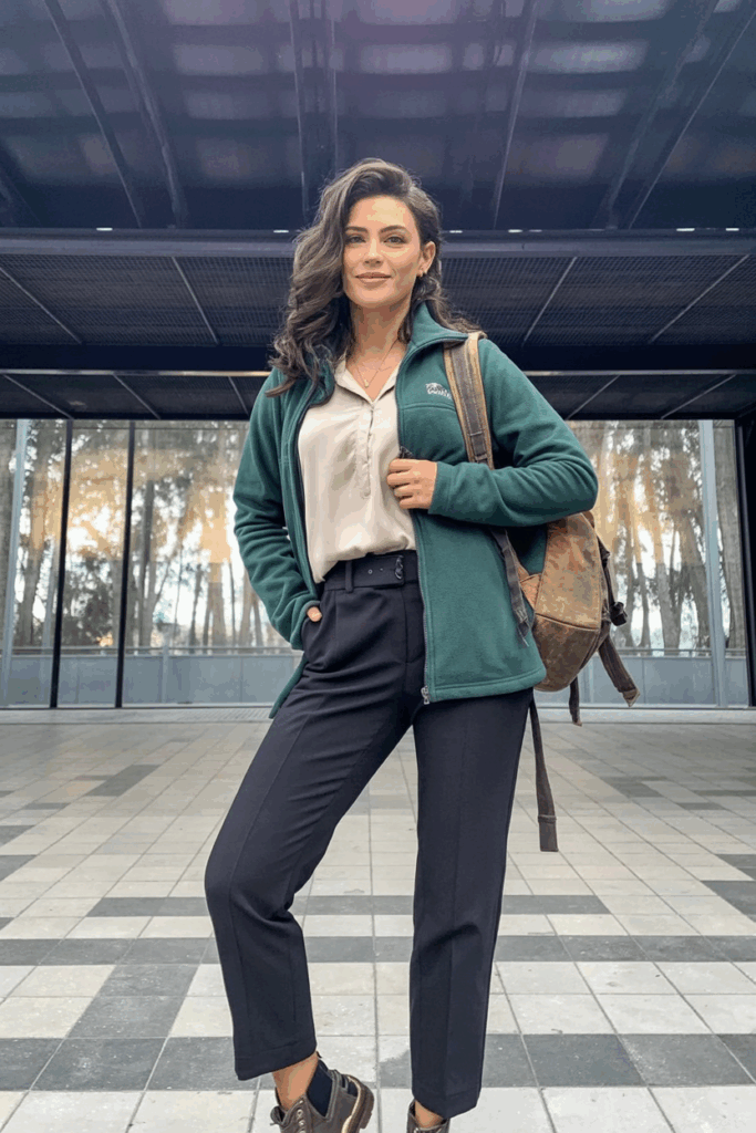 Woman in a forest green half-zip fleece jacket, layered over a light blouse, paired with slim black knit trousers and comfortable ankle boots, carrying a leather backpack