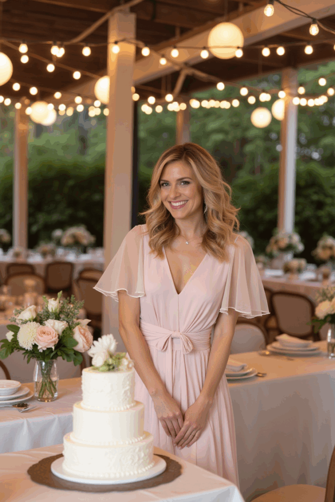 Woman in a pastel midi dress with short sleeves