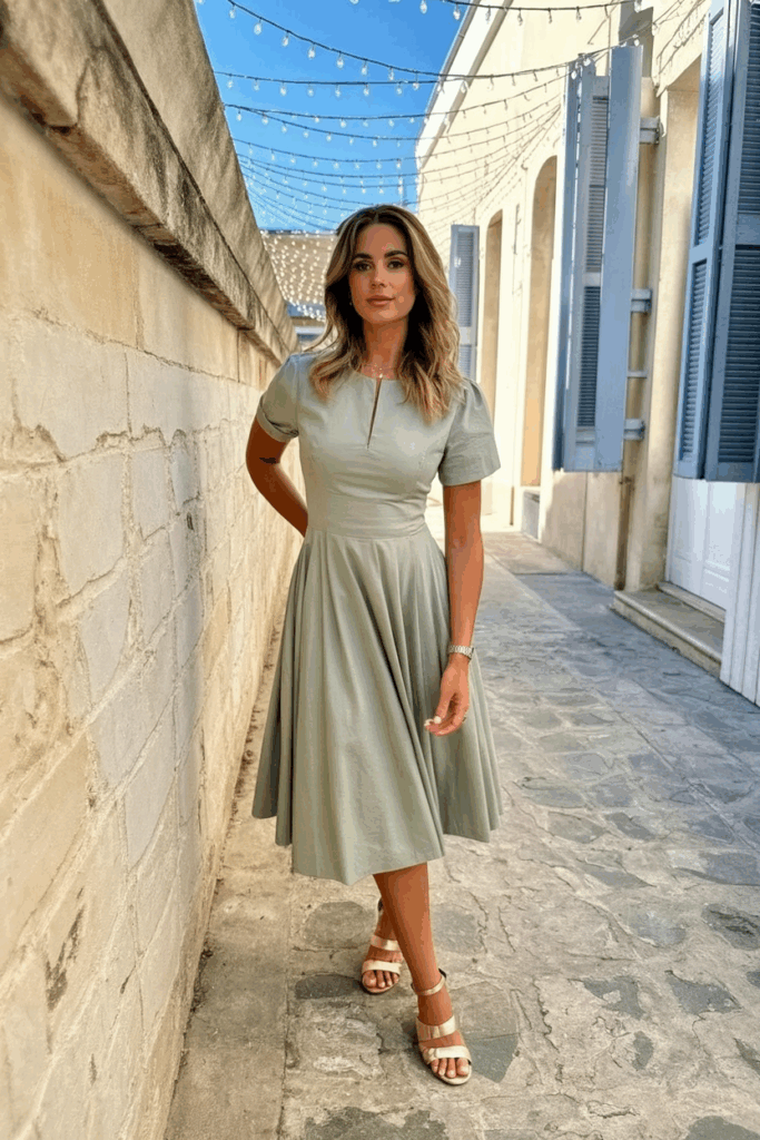 Woman in a sage Tea-Length dress with short sleeves.