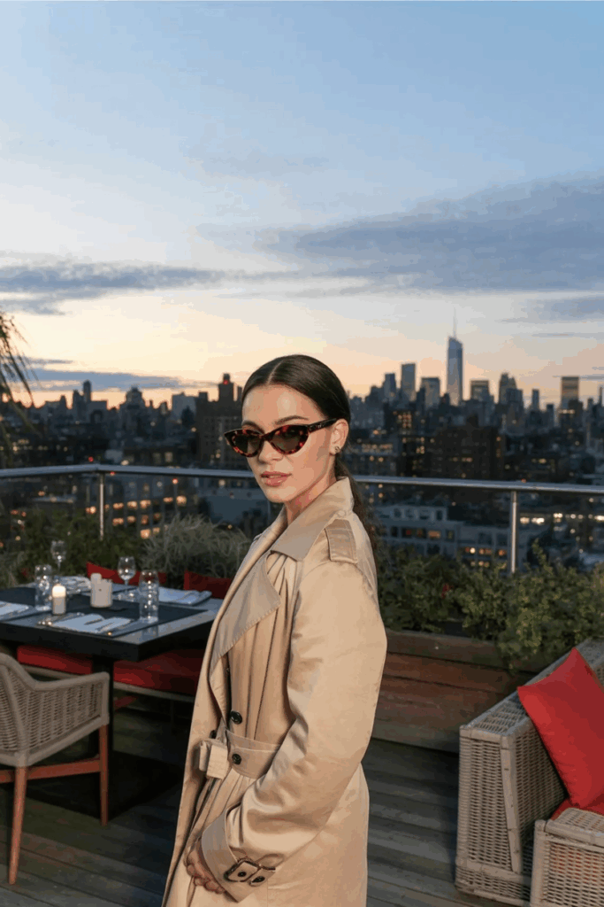 woman in tortoiseshell cat-eye sunglasses and a trench coat