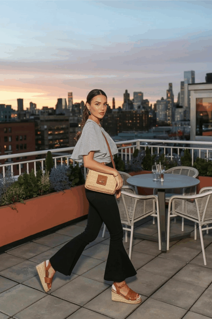 woman mid-step in black flare leggings, a flutter-sleeve cotton blouse, tan espadrille sandals, and a straw crossbody bag