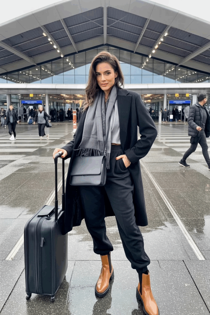 Woman slipping on tan Chelsea boots paired with relaxed-fit joggers and a wool coat, accessorized with a matching handbag and scarf