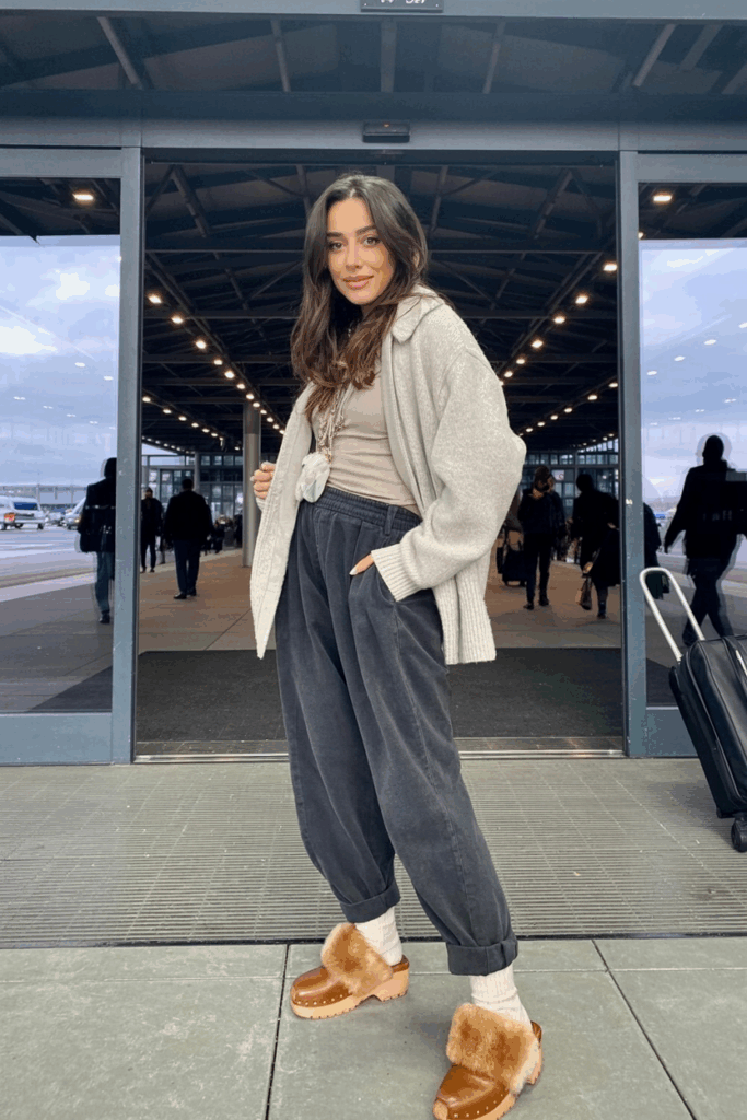 Woman standing near a large window in warm fur-lined clogs and wool socks, paired with relaxed-fit pants and an oversized cardigan