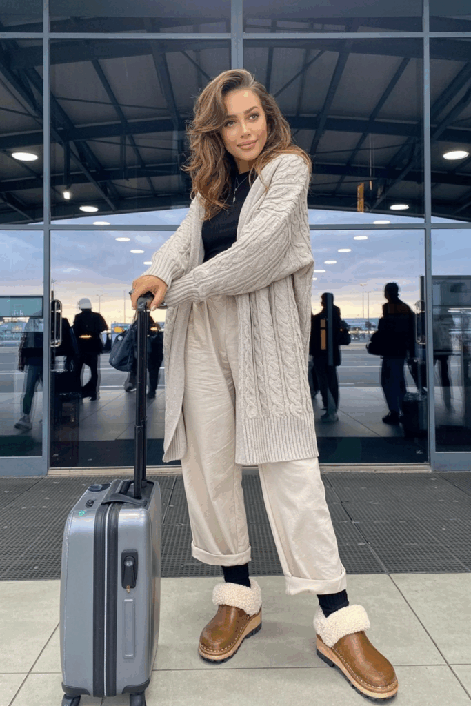 Woman standing near a large window in warm fur-lined clogs and wool socks, paired with relaxed-fit pants and an oversized cardigan, sipping coffee.