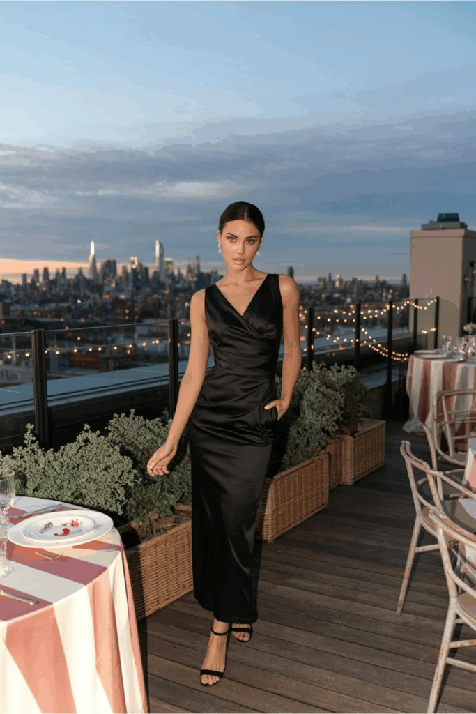 woman wearing a black tie bias-cut dress that softly hugs her figure. The dress features a simple v-neckline and minimal styling