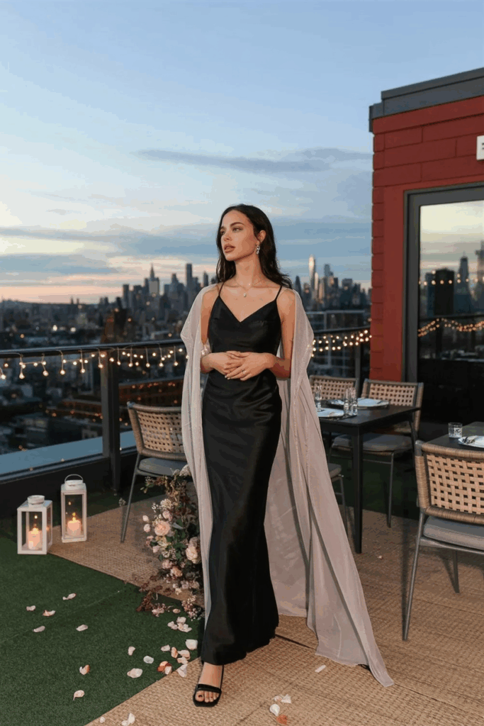 woman wearing a black tie gown with a sheer chiffon overlay