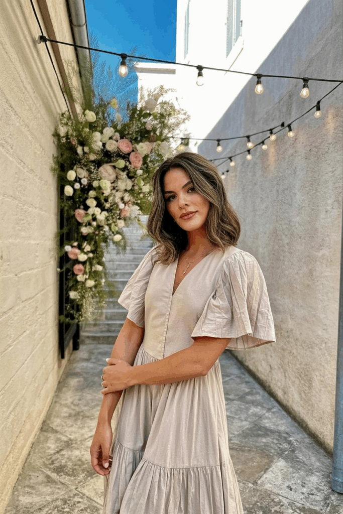 Woman wearing a blush-toned cotton blend dress with flutter sleeves.