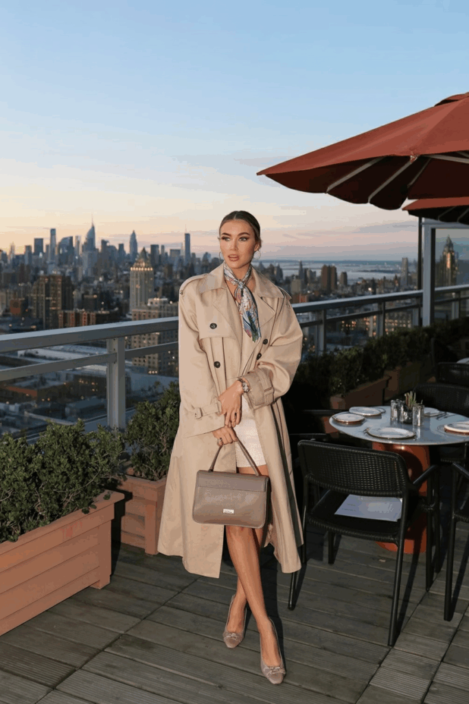 woman wearing a classic beige trench coat, silk scarf tied at her neck, minimal makeup, carrying a structured leather handbag and wears ballet flats