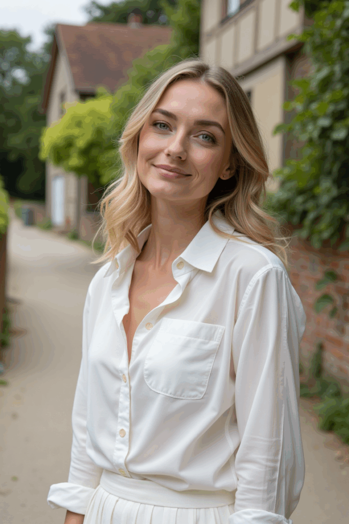 woman wearing a crisp white cotton poplin button-down shirt