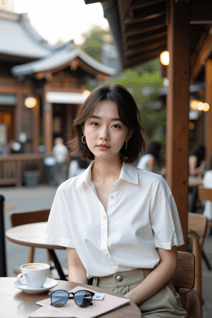 woman wearing a crisp white cotton shirt tucked into high-waisted trousers