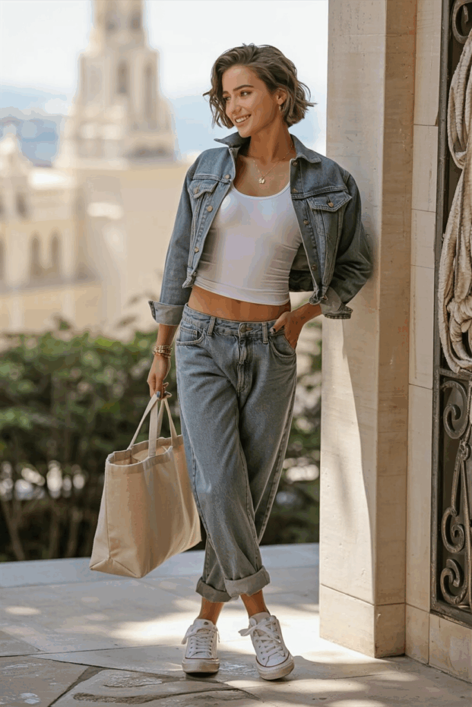 woman wearing a cropped denim jacket over a white fitted tank, baggy jeans rolled at the cuffs, white sneakers, a canvas tote