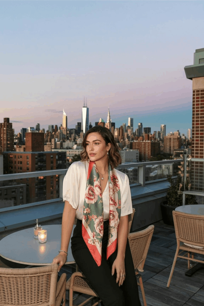 woman wearing a floral silk scarf around her neck, a white blouse and black pants