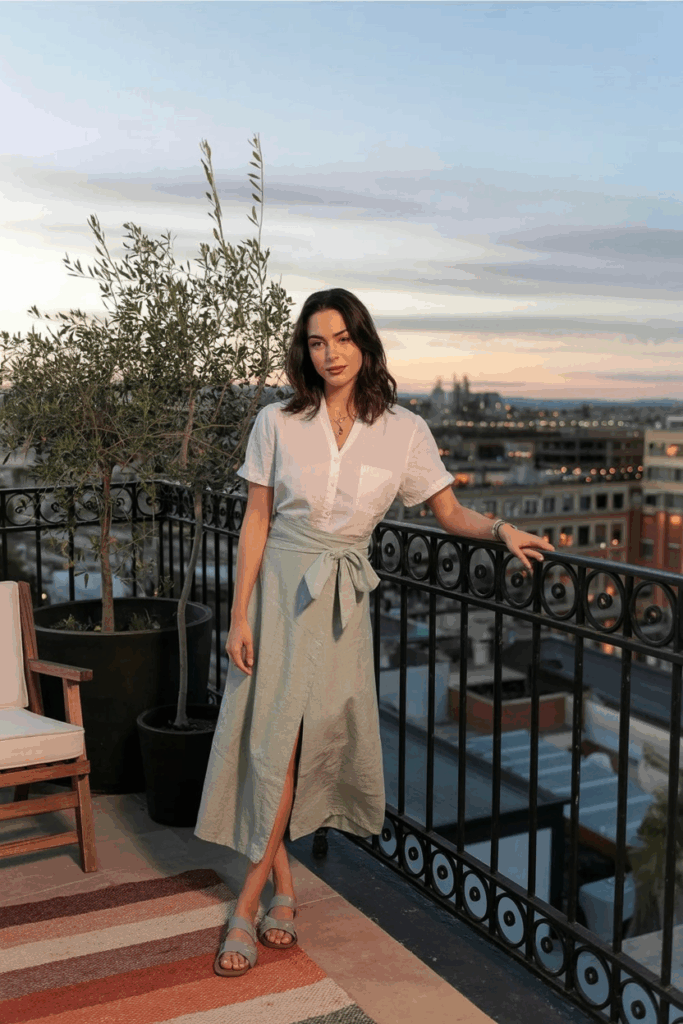 woman wearing a linen wrap skirt in muted sage, tied at the waist with a soft bow. She pairs it with a short-sleeve white blouse and simple leather sandals