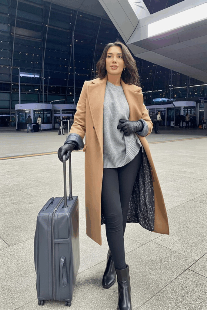 Woman wearing a long camel wool coat over a soft gray sweater and black leggings, styled with leather gloves, ankle boots, and a structured handbag