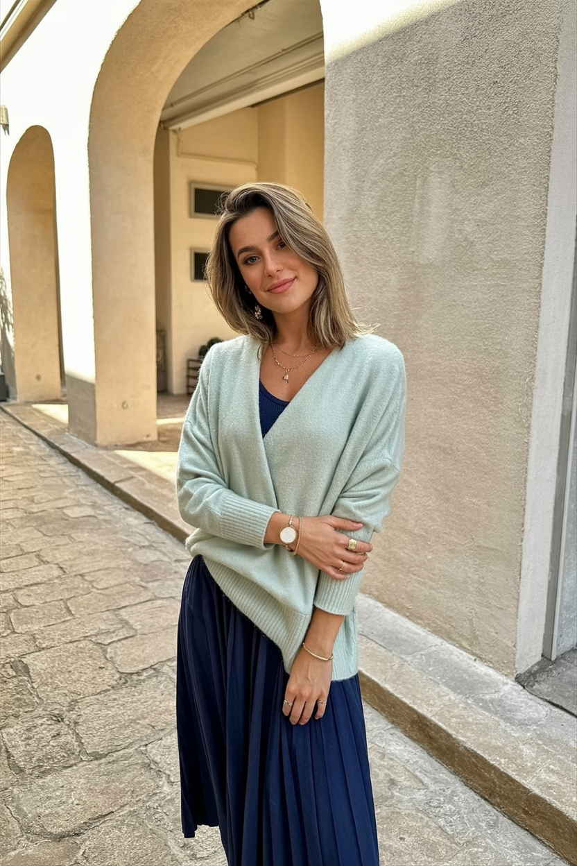 woman wearing a soft pastel cashmere sweater over her shoulders, styled over a midi dres
