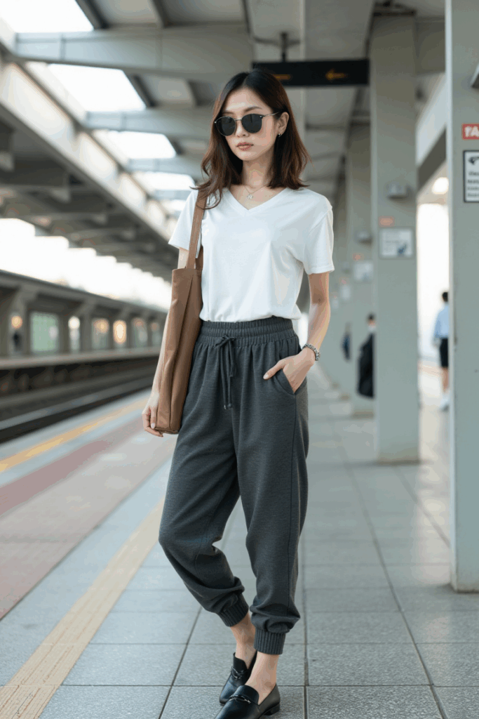 woman wearing charcoal gray tailored joggers with a defined waistband and subtle pleats paired with a clean white tee and loafers