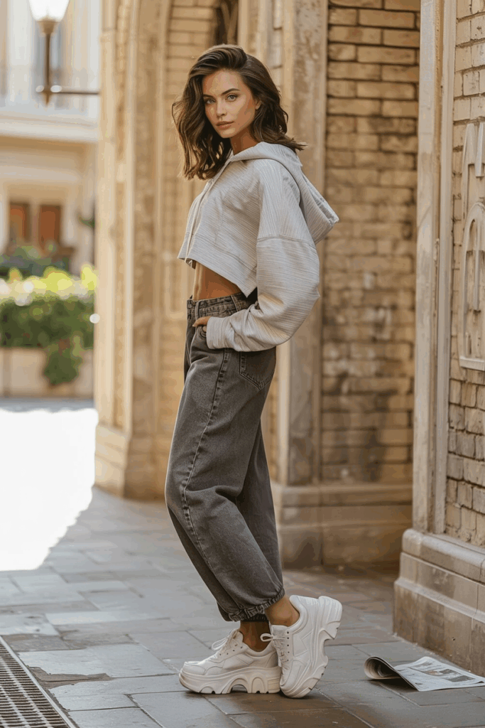 woman wearing chunky white platform sneakers, slouchy baggy jeans, a cropped grey hoodie