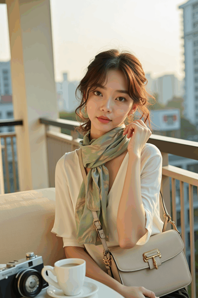 woman wearing gold hoops and a cream blouse with a compact crossbody bag and a silk scarf around her neck