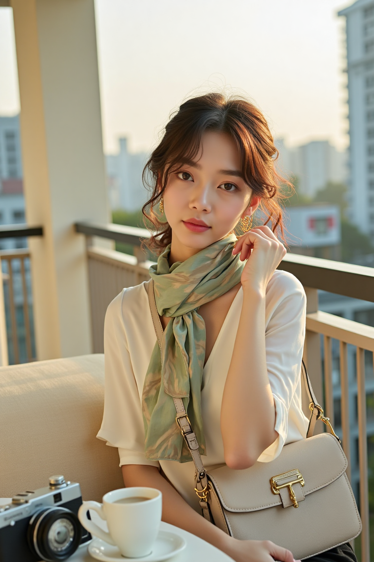 woman wearing gold hoops and a cream blouse with a compact crossbody bag and a silk scarf around her neck