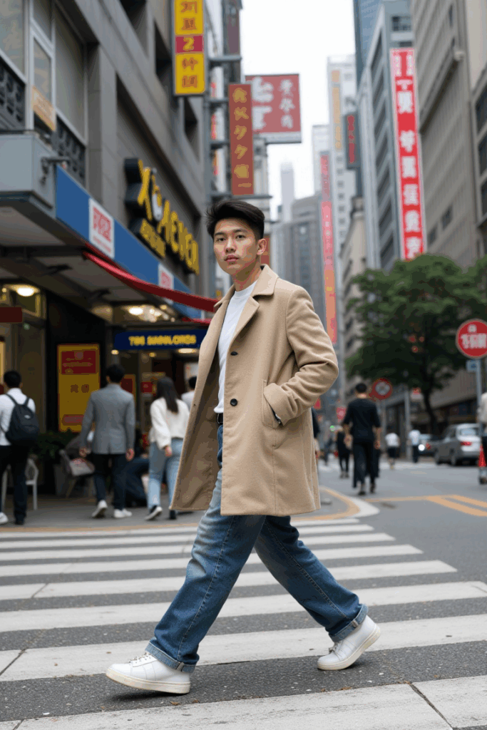 📸 Asian man in a beige trenchcoat