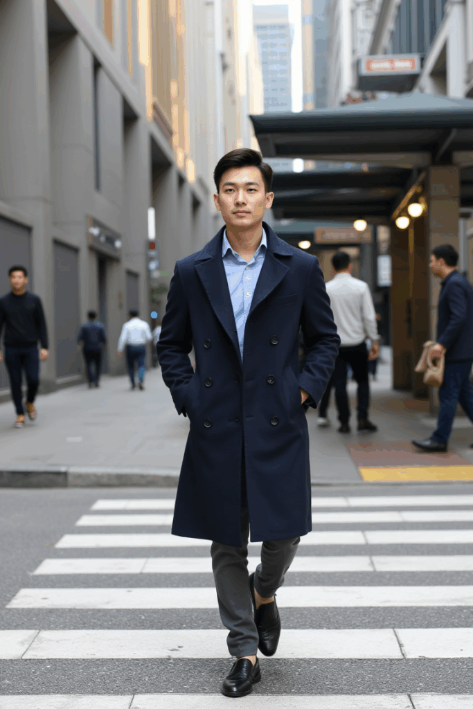 📸 Asian man in a navy trench coat