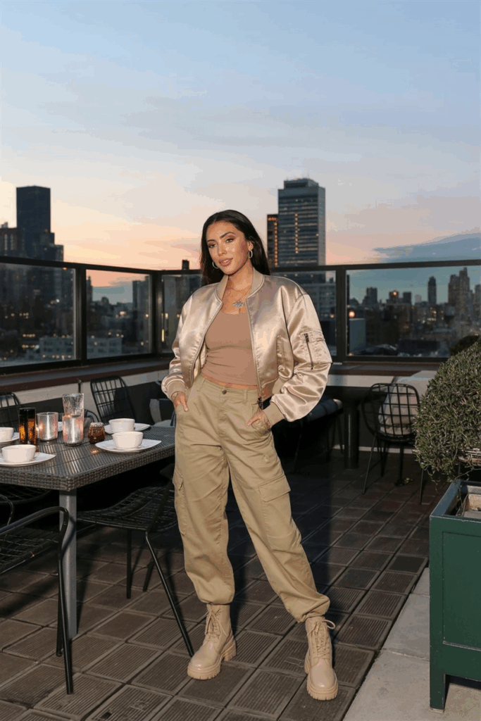 khaki cargo pants, a cropped beige bomber jacket over a fitted tank, and tan combat boots