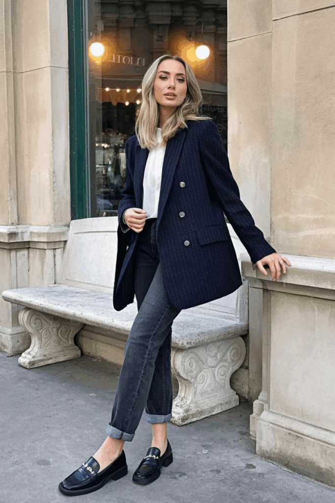 A woman wearing a navy tweed blazer over a white blouse, tailored jeans, and loafers