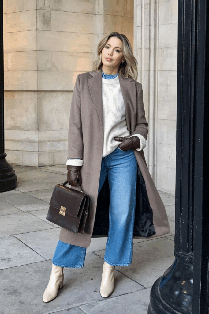 woman wearing a long camel wool coat over a winter white sweater, straight-leg jeans, and cream ankle boots. She adds a dark brown leather satchel and wool gloves